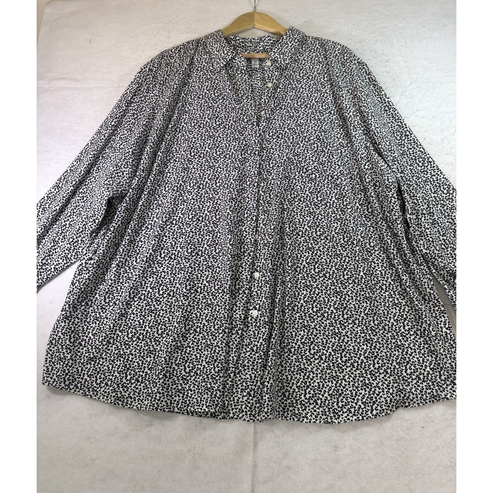 9-West Button Down Blouse Womens 4X Blk/Wht Micro Heart L/SL Career Church